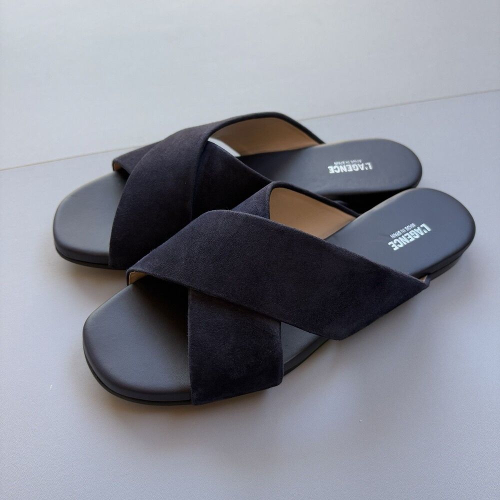 L'AGENCE Black Suede Crisscross Slide Sandals